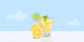 蓝色背景柠檬茶素材柠檬素材白云素材夏天水果茶展板夏天饮品